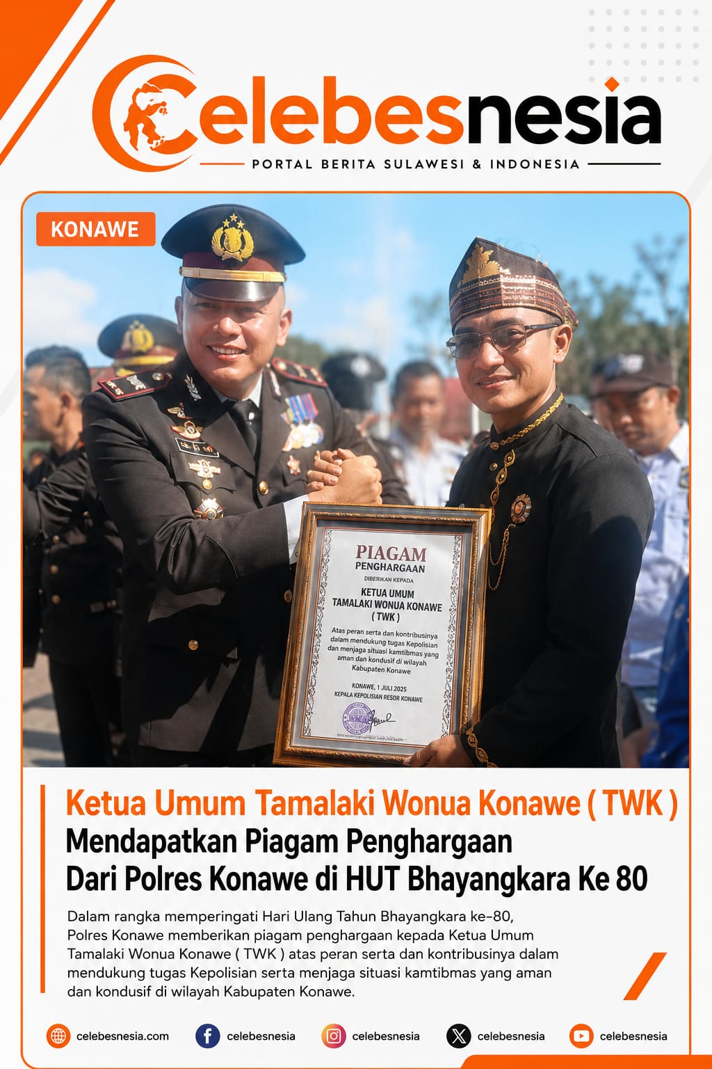 Perkuat Sinergitas, Ketua Ormas Tamalaki Wonua Konawe Terima Penghargaan dari Kapolres Konawe di Hari Bhayangkara ke-80